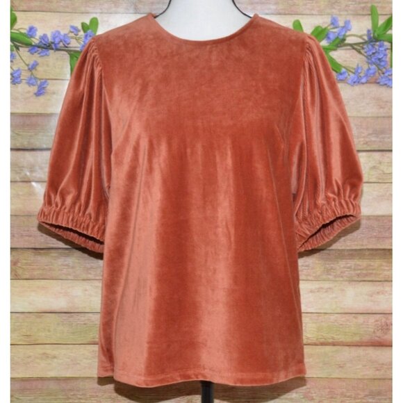 THML Fall Women Size L Corduroy Orange Rust Puff Short Sleeve Top Shirt Soft - Picture 1 of 9
